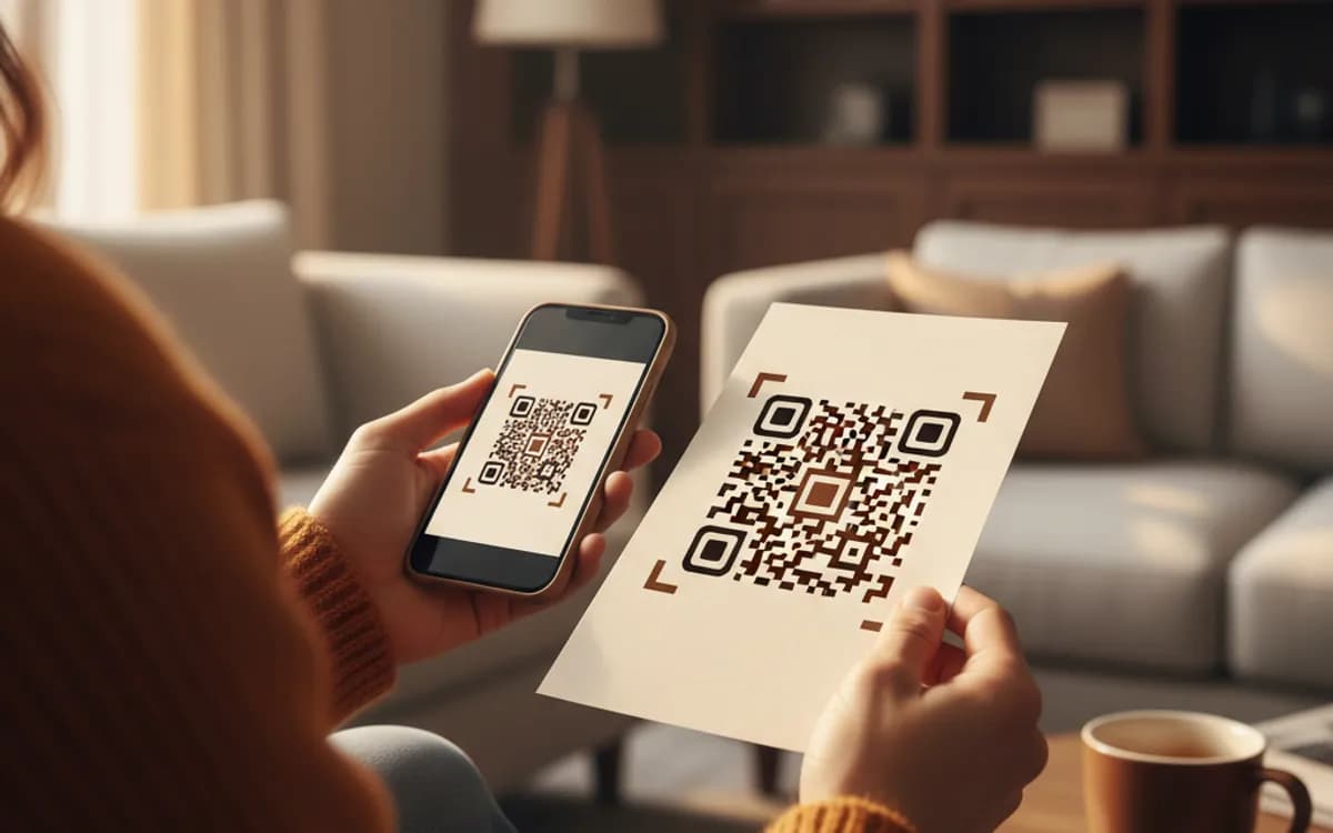 A person scanning a trackable QR code with a smartphone in a real setting