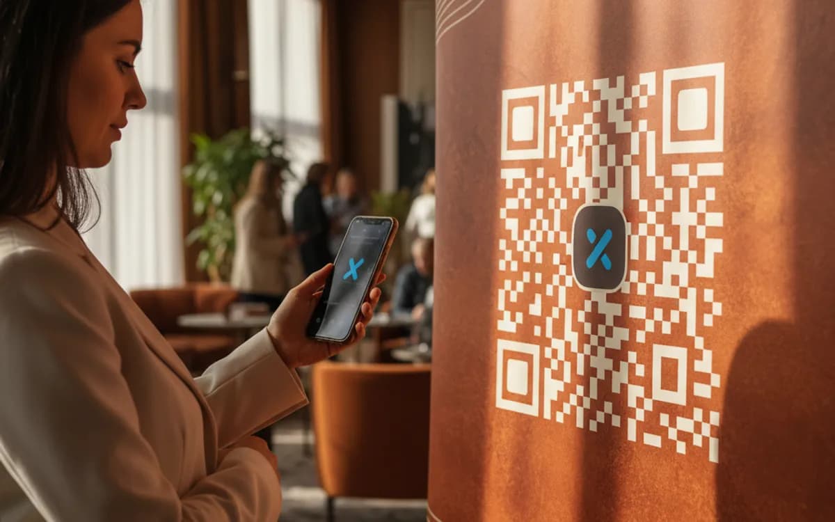 A person scanning a X (Twitter) QR code with a smartphone in a real setting