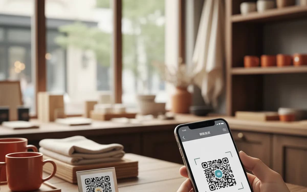 A person scanning a WeChat QR code with a smartphone in a real setting