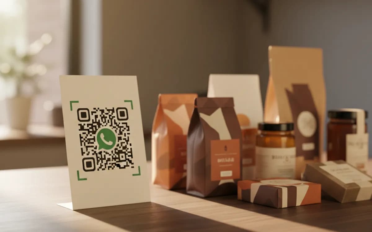 A WhatsApp QR code shown on a printed item in a real setting