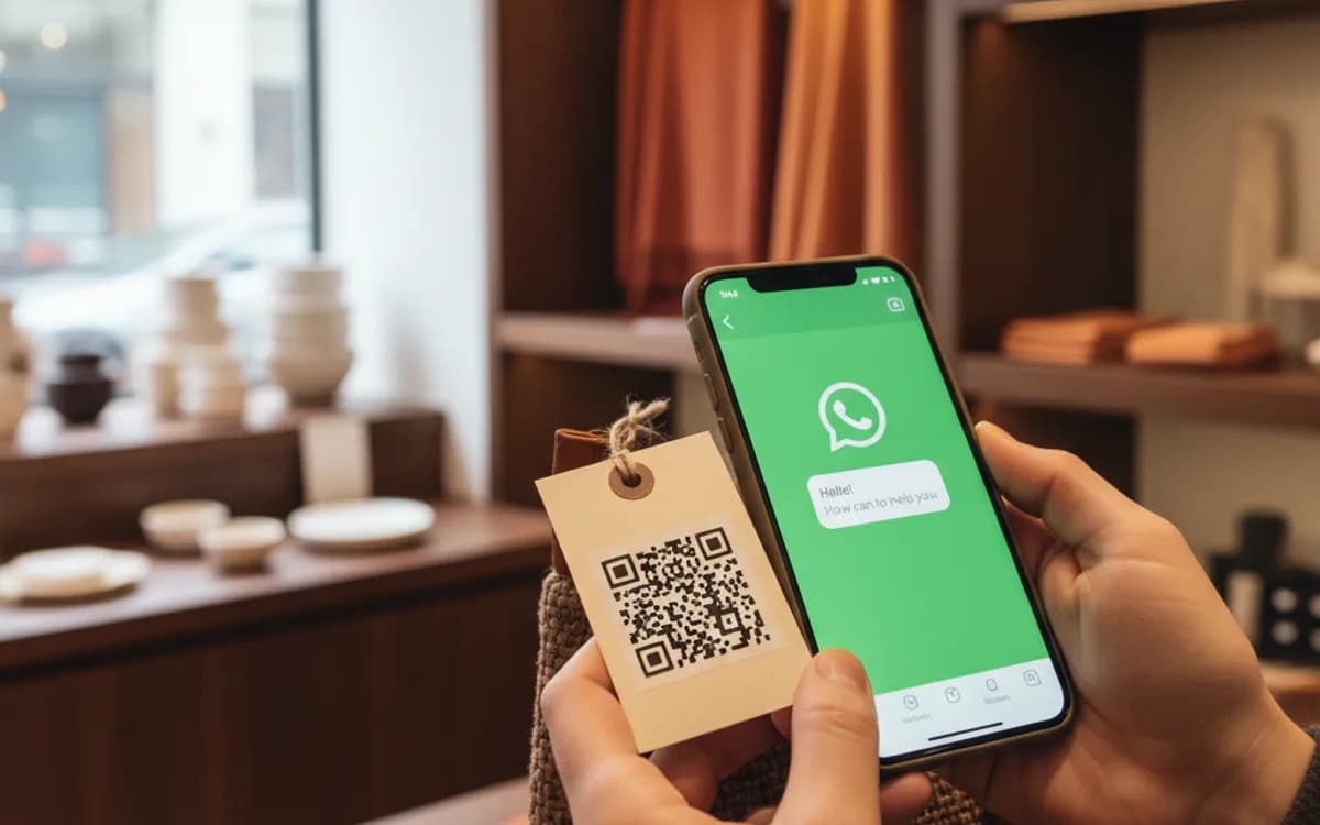 A person scanning a WhatsApp QR code with a smartphone in a real setting