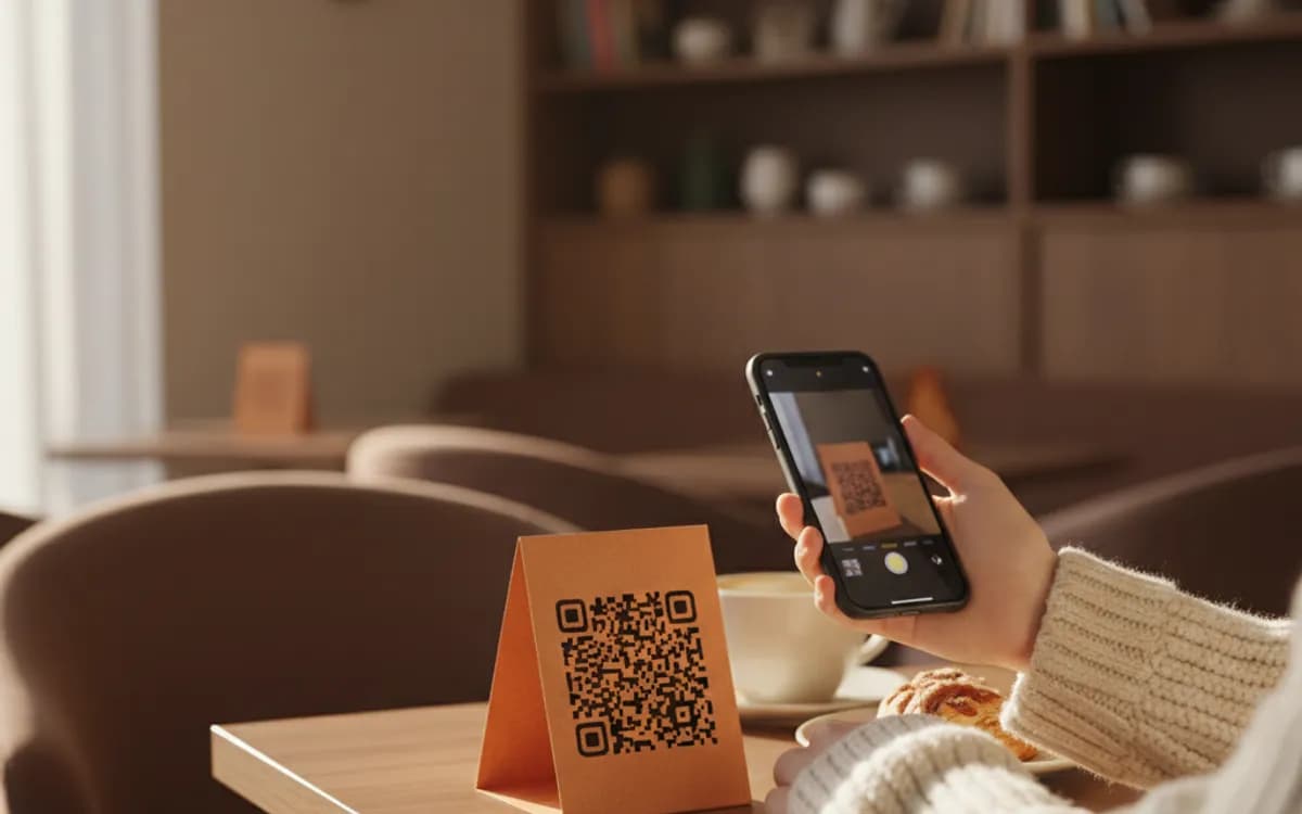 A person scanning a Wi-Fi QR code with a smartphone in a real setting