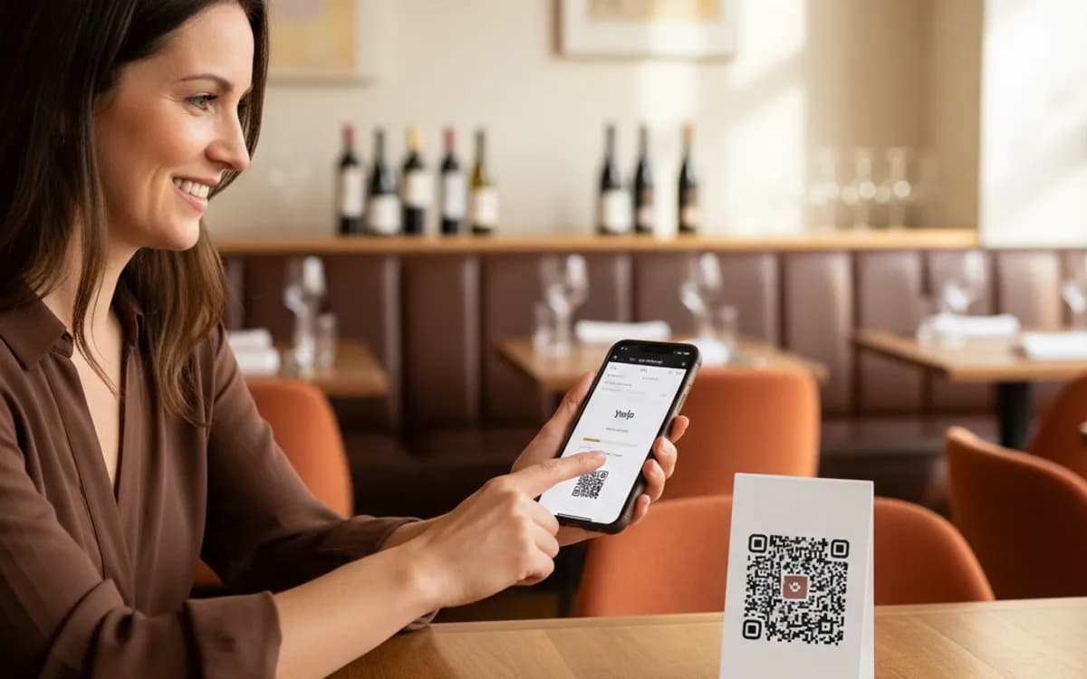 A person scanning a Yelp review QR code with a smartphone in a real setting