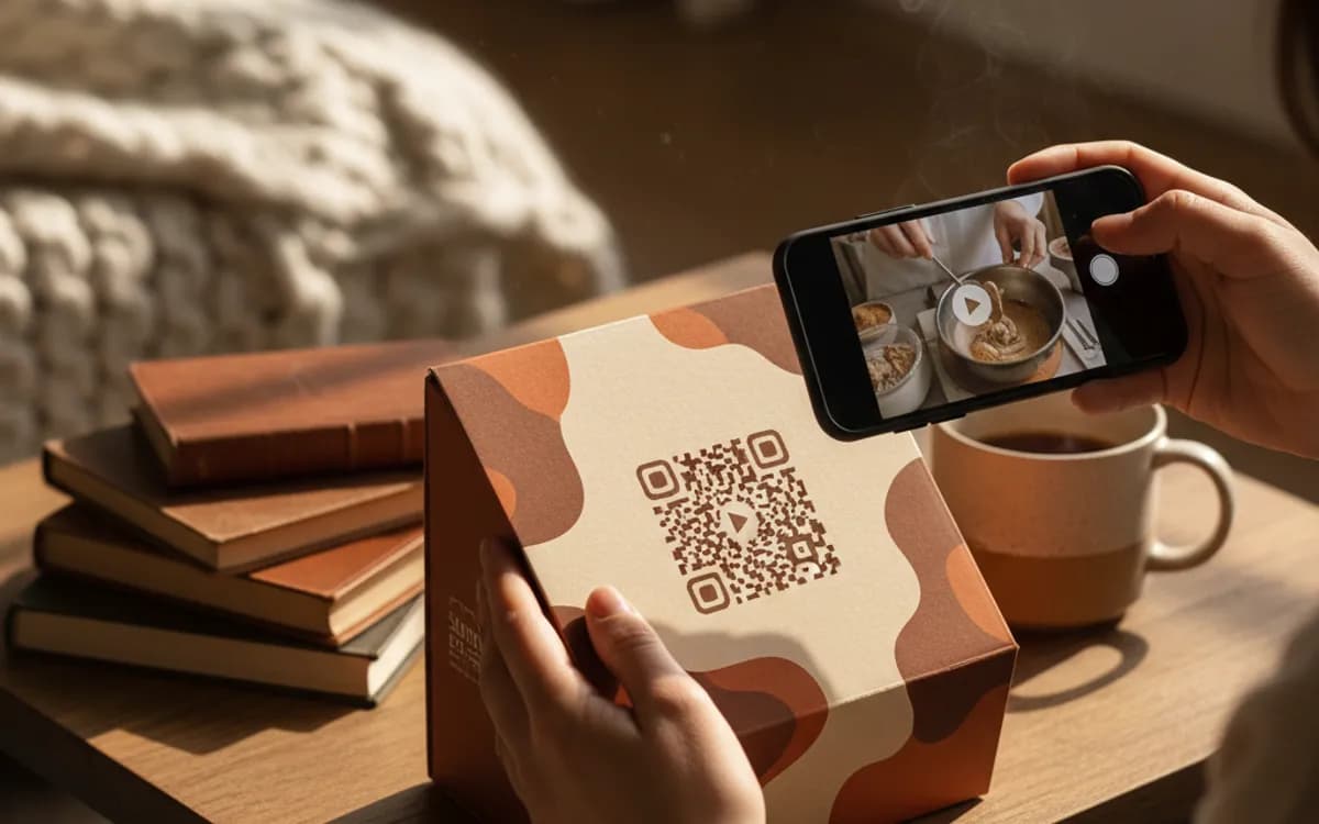 A person scanning a YouTube QR code with a smartphone in a real setting