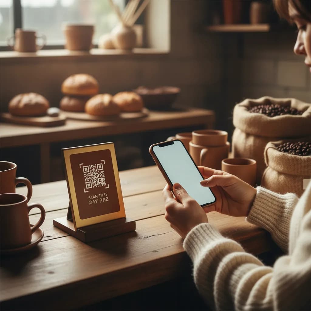 A cafe counter with a scan-to-pay QR code stand, a customer scanning it to pay by phone