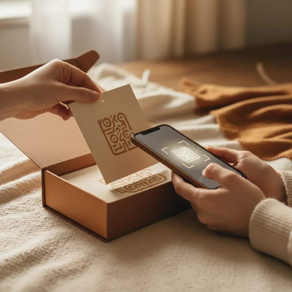 A home sample-collection kit box with a QR code insert being scanned by a phone