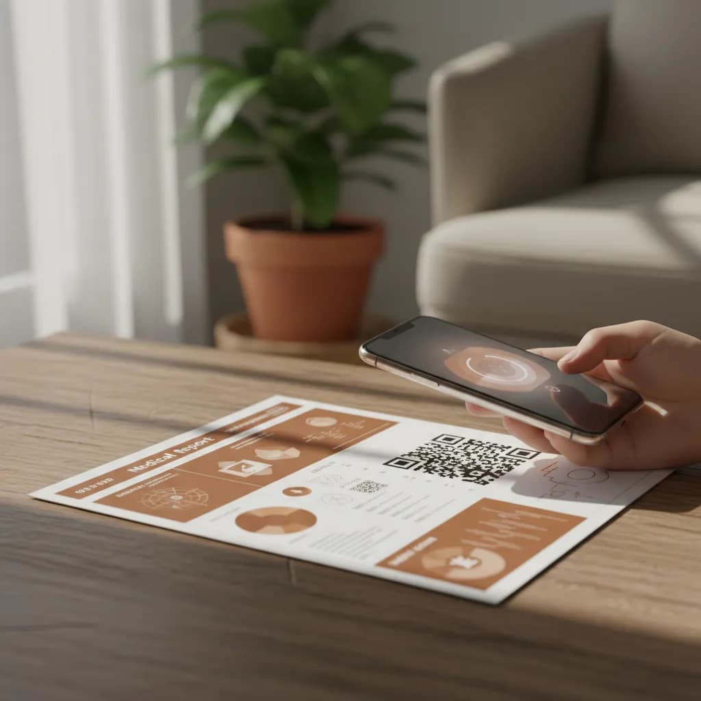 A printed medical lab report with a QR code, a patient scanning it with a smartphone