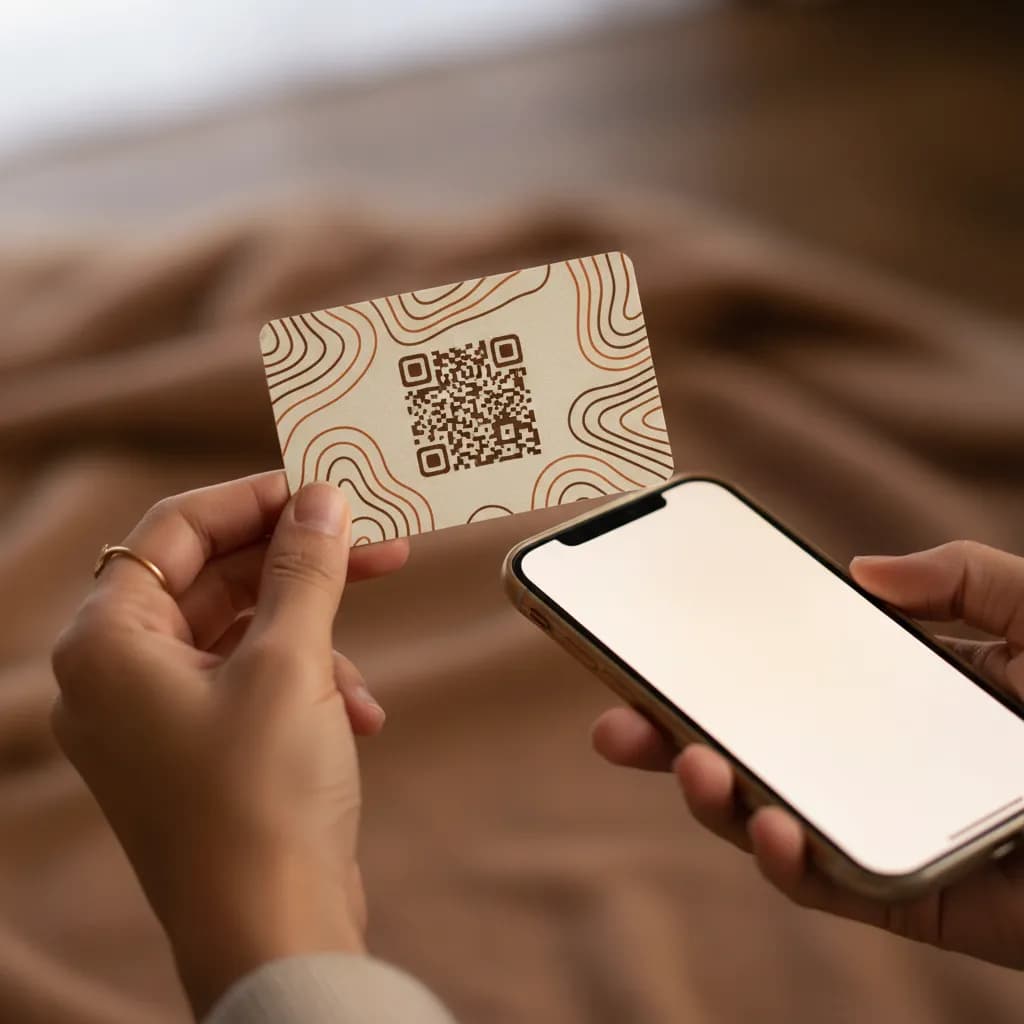 A wallet-sized medical ID card with a QR code held in one hand and scanned by a phone