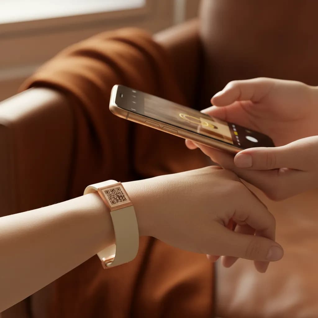 A close-up of a medical ID bracelet with a QR code being scanned by a smartphone