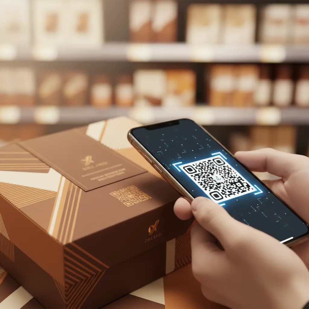 A close-up of a QR code on branded product packaging being scanned in a store aisle