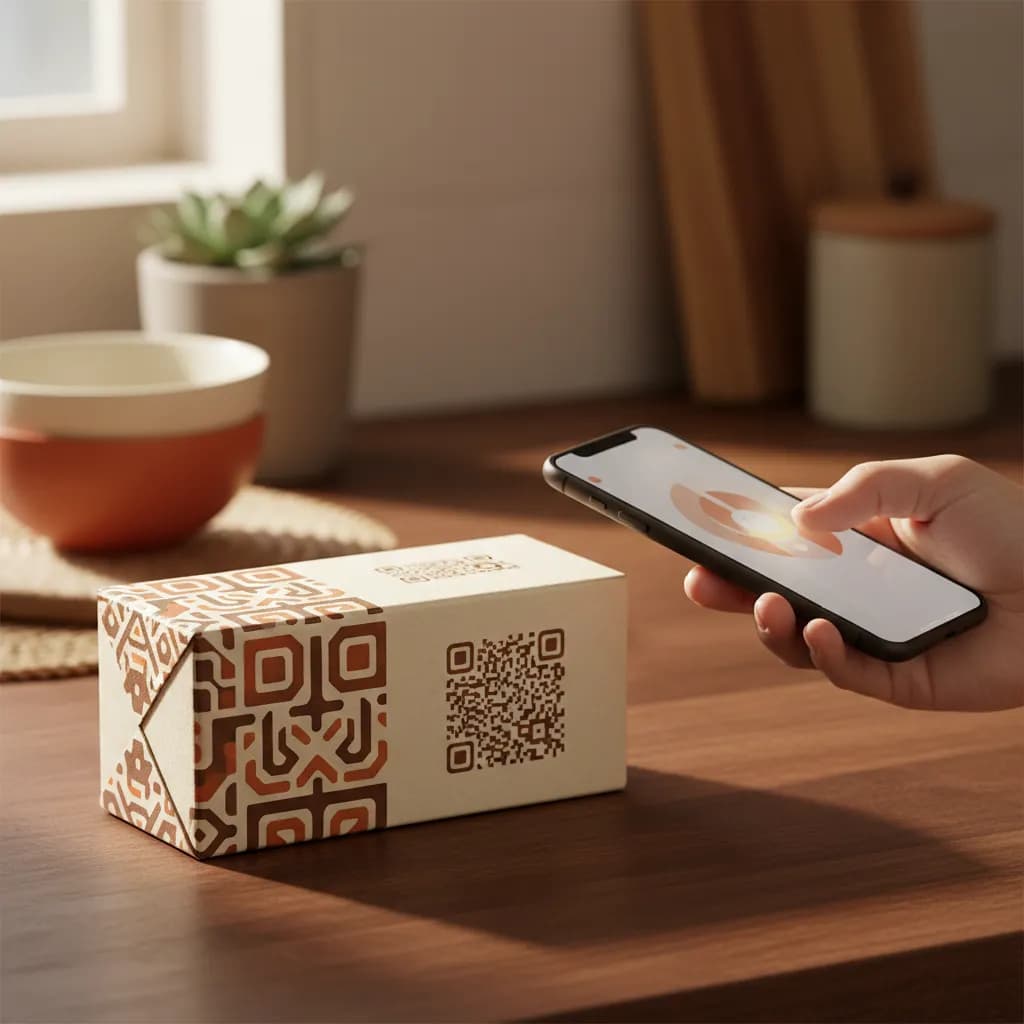 A consumer product package with a QR code on the label, a buyer scanning it with a phone