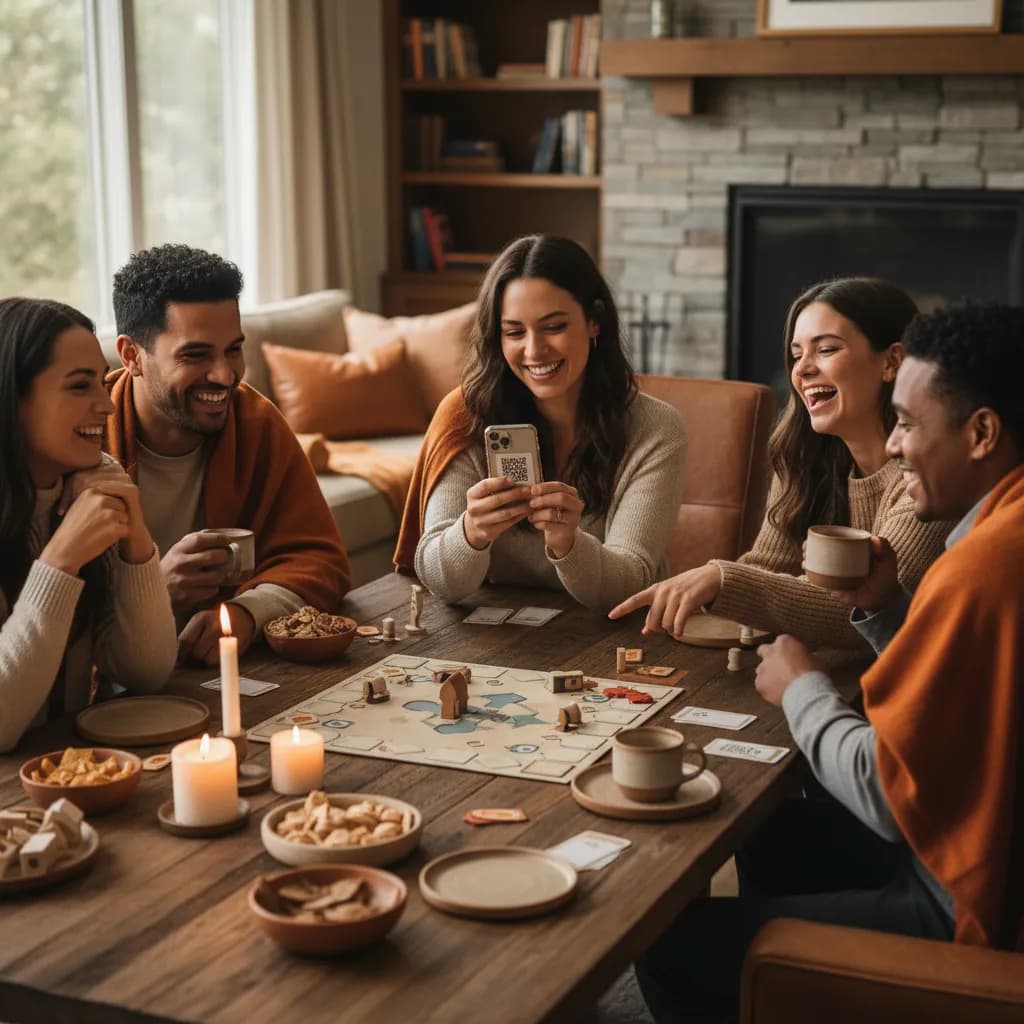 Friends around a table playing a board game while one scans a QR code game card