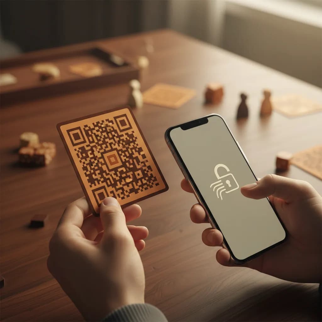 A tabletop game card with a QR code held in a hand, a player scanning it to unlock content