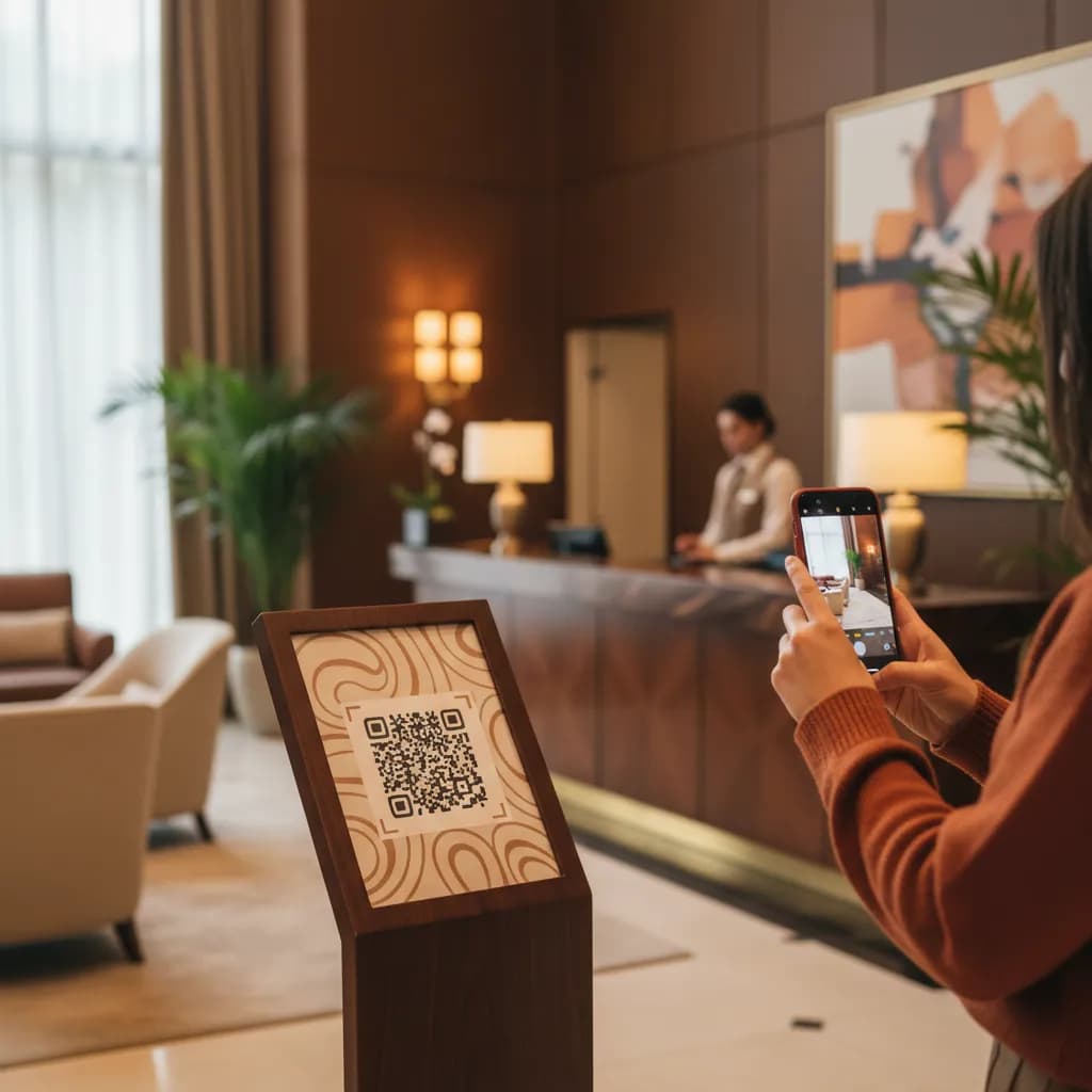 A hotel lobby reception sign with a QR code, a guest scanning it with a phone