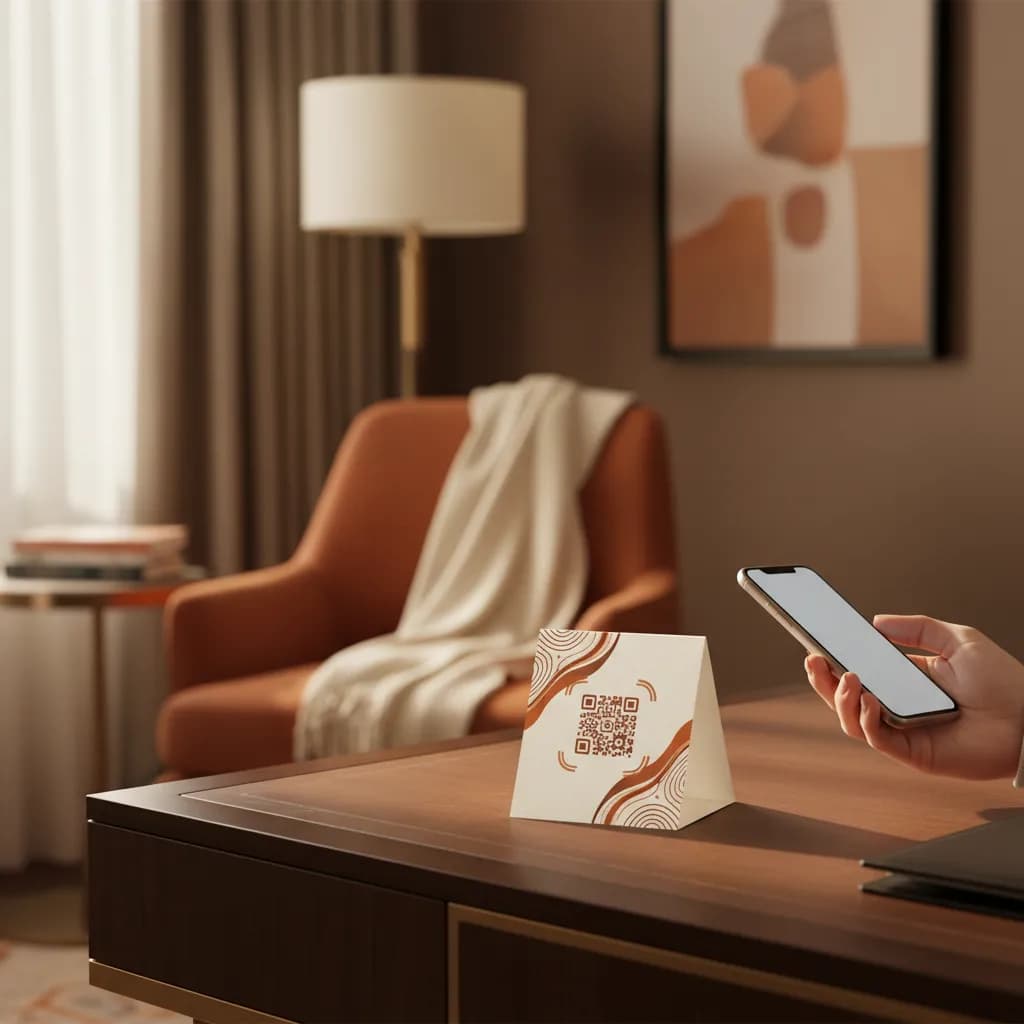 An elegant hotel room desk tent card with a QR code, a guest scanning it with a smartphone