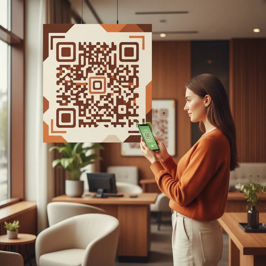 A bank branch poster with a QR code, a customer scanning it with a phone