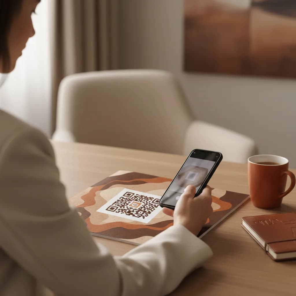 A finance brochure with a QR code on a desk, a professional scanning it with a smartphone