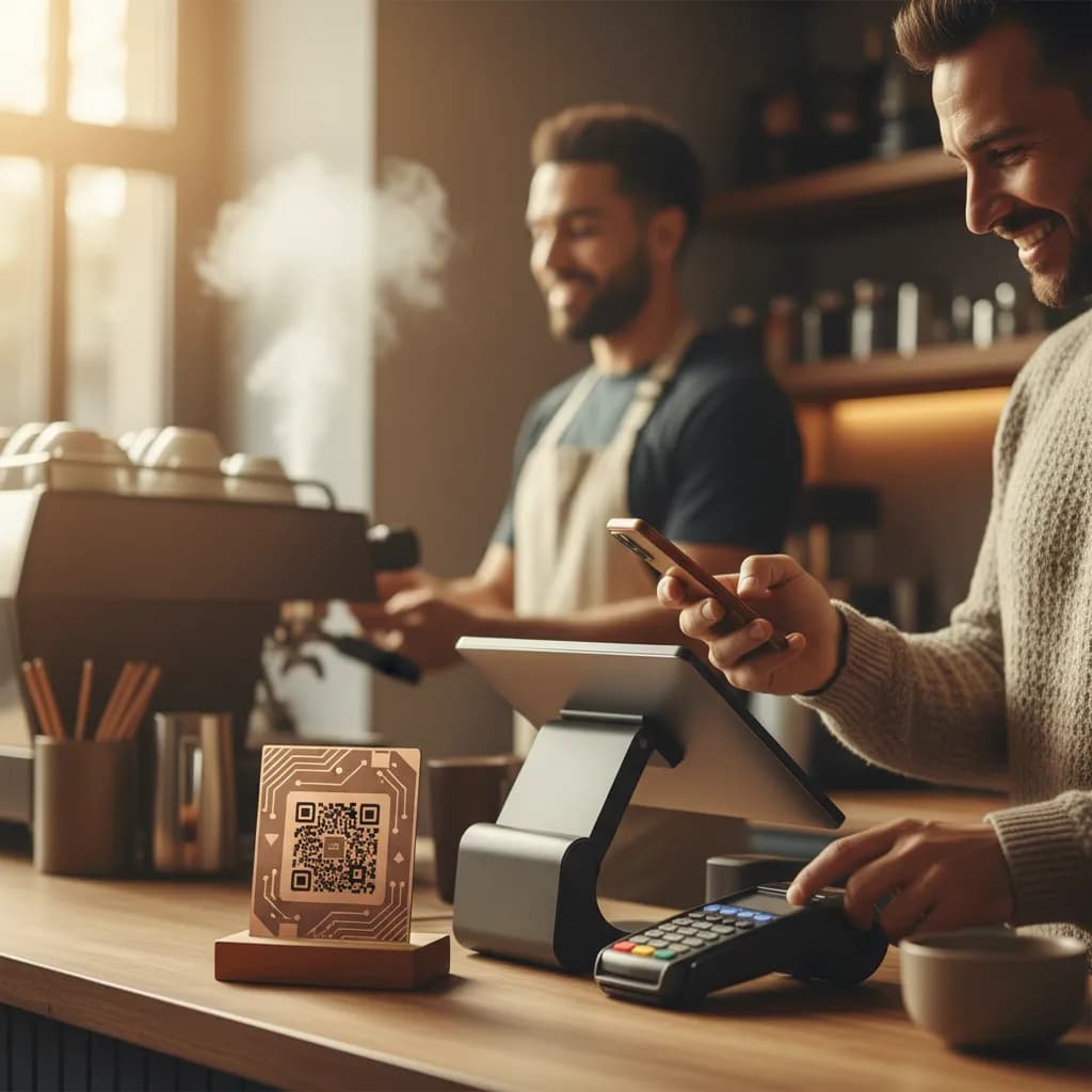 A customer scanning a QR code card at a cafe counter while paying, with a barista in the background