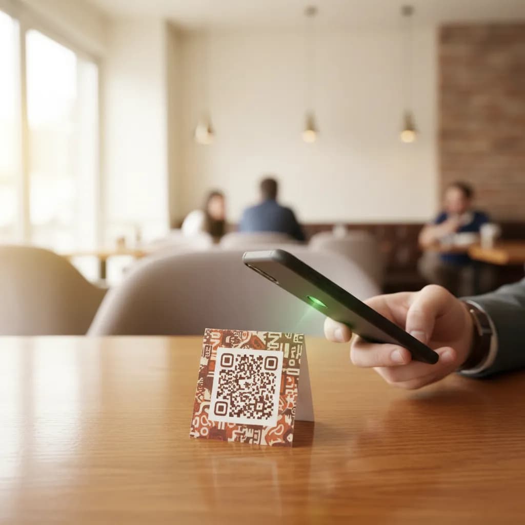 A diner scanning a branded QR code table tent on a warm wooden restaurant table with a smartphone