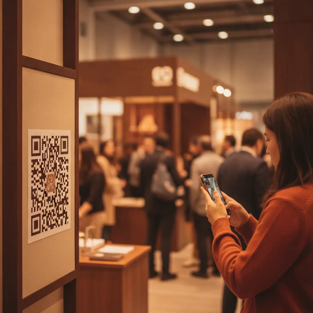 A trade-show booth with a QR code sign, a visitor scanning it with a phone in a busy expo hall