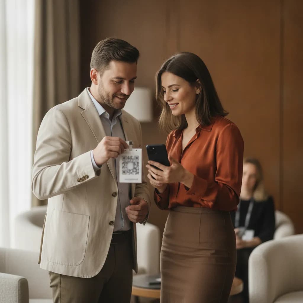 Two professionals at a conference, one scanning the QR code on the other's event badge