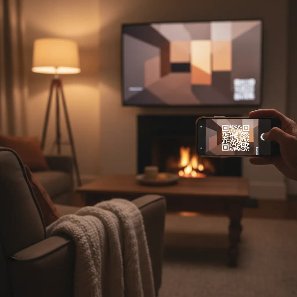 A close-up of a smartphone scanning a QR code shown in the corner of a TV screen