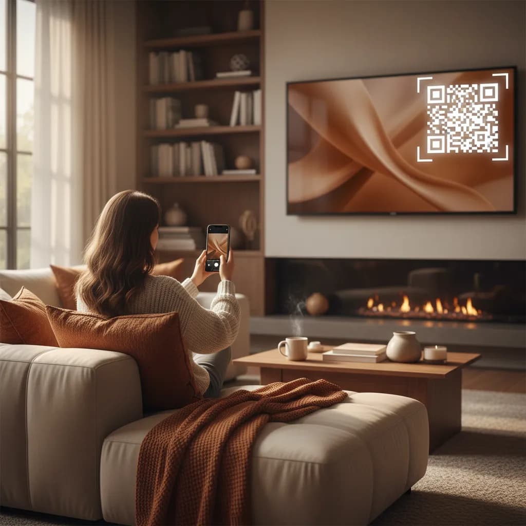 A living room television showing a commercial with a QR code, a person on the sofa scanning it