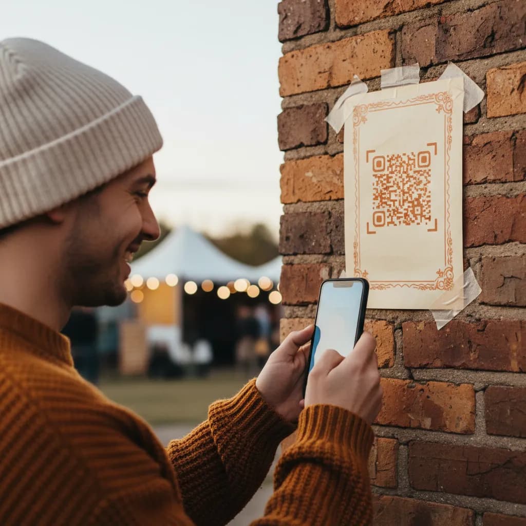 A QR code clue card taped to a wall at a festival, a young person scanning it with a phone