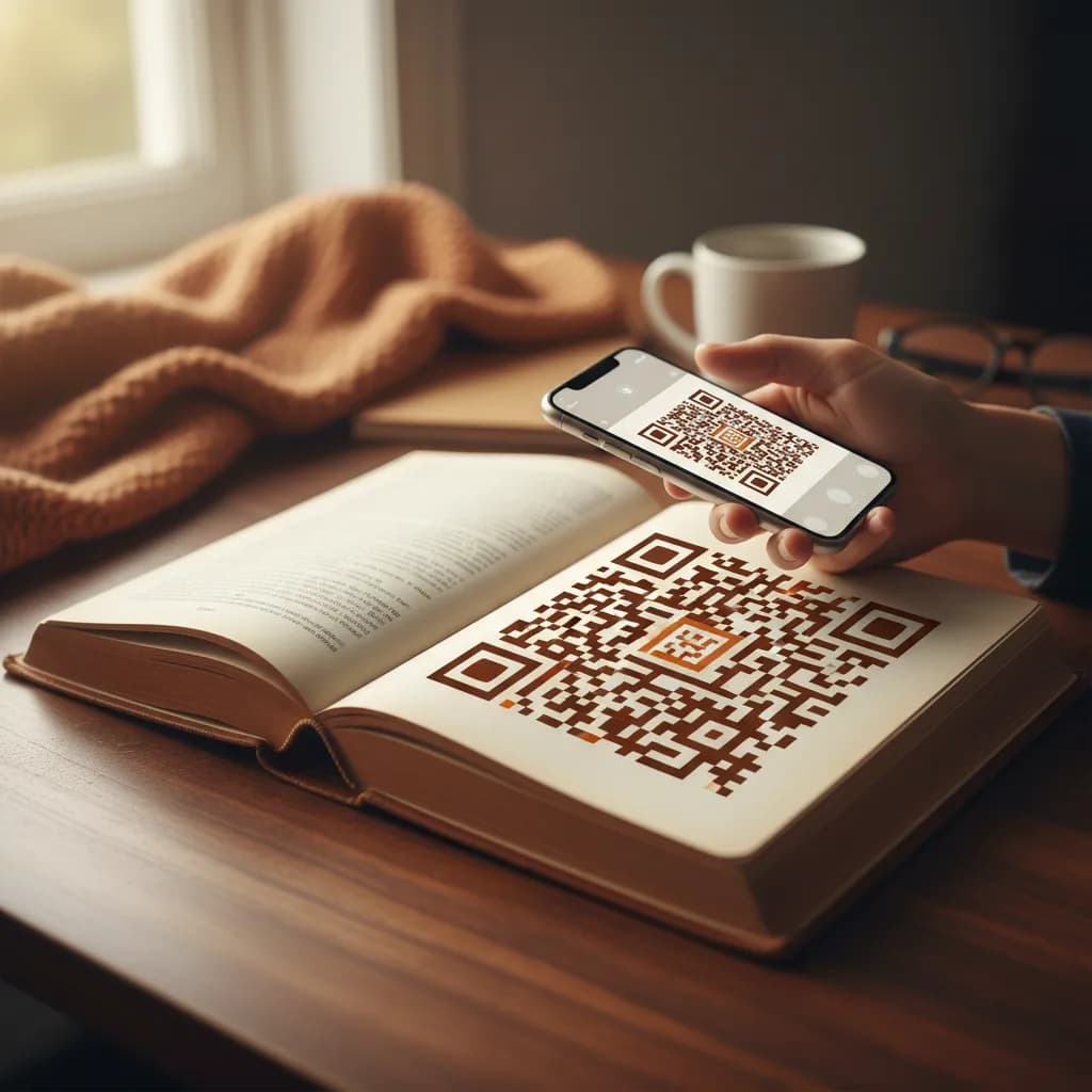 An open book with a QR code on the final page, a reader scanning it with a smartphone