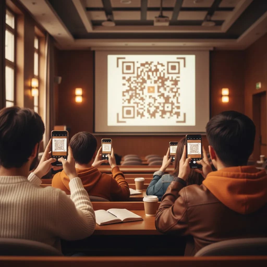 A university lecture hall with a QR code on the presentation screen, students scanning it