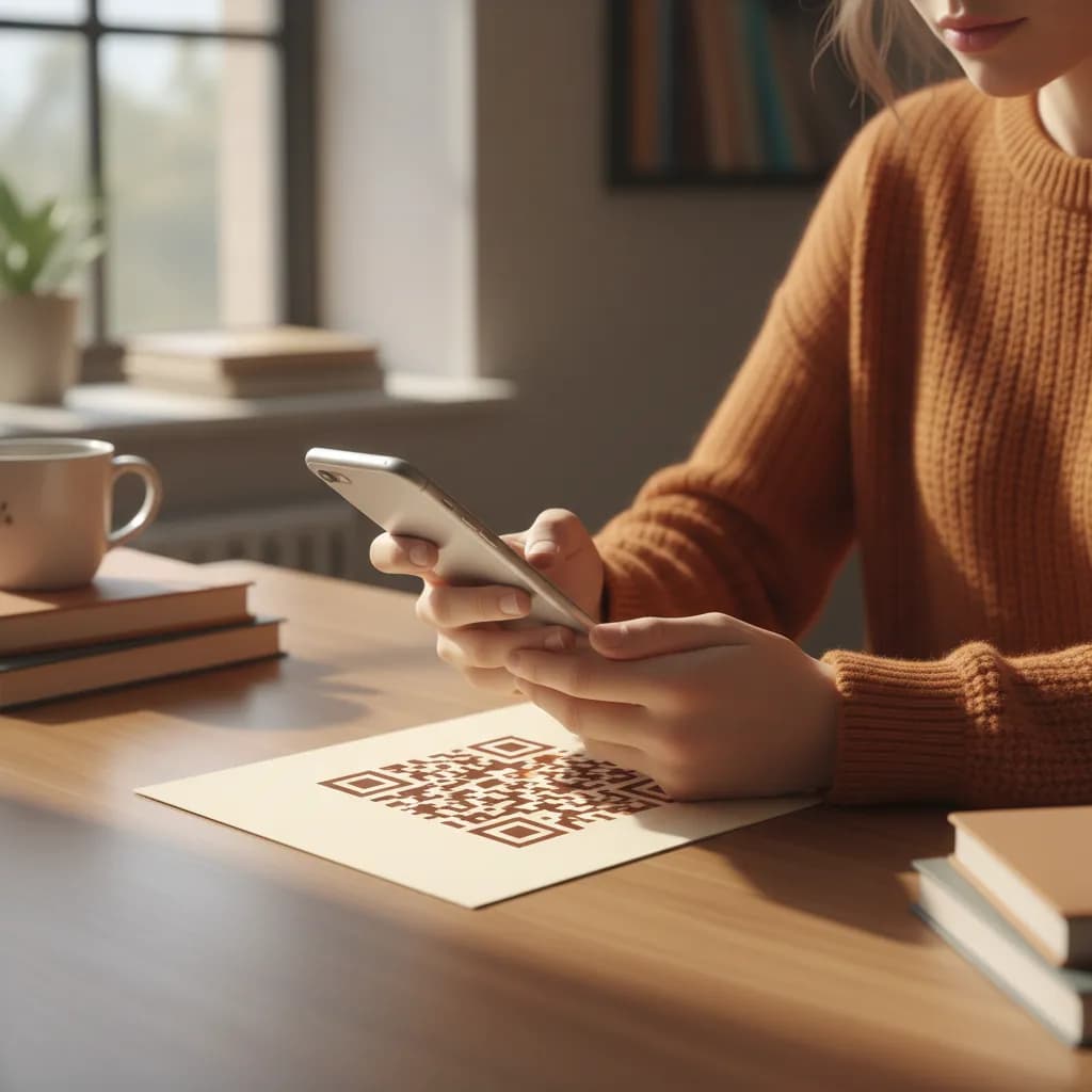 A student at a classroom desk scanning a QR code on a paper handout with a smartphone