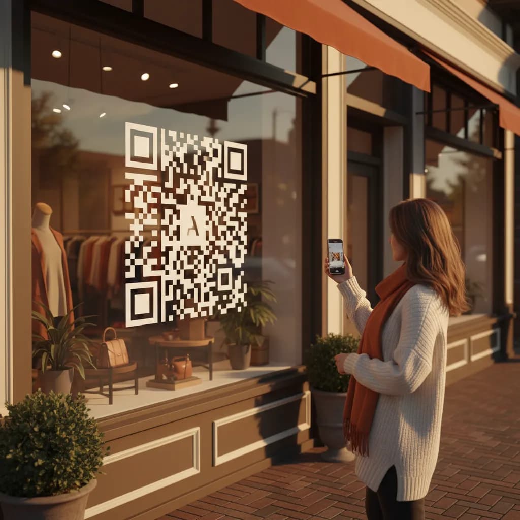 A boutique window with a QR code decal, a passerby scanning it from the sidewalk