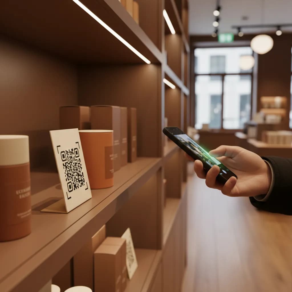 A retail shelf with a QR code shelf-talker, a shopper scanning a product with a smartphone