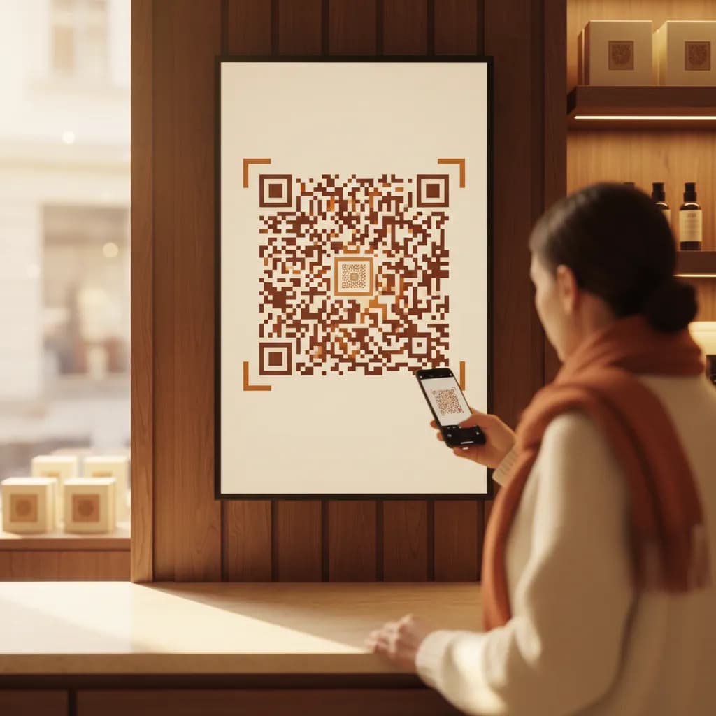 A checkout-area digital display showing a QR code, a waiting customer scanning it with a phone