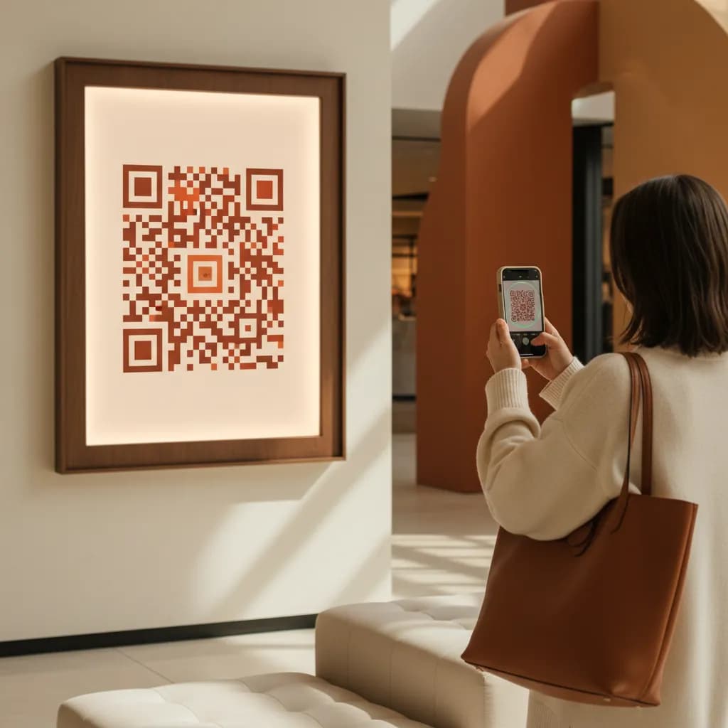 A digital signage screen in a mall lobby displaying a QR code, a shopper scanning it