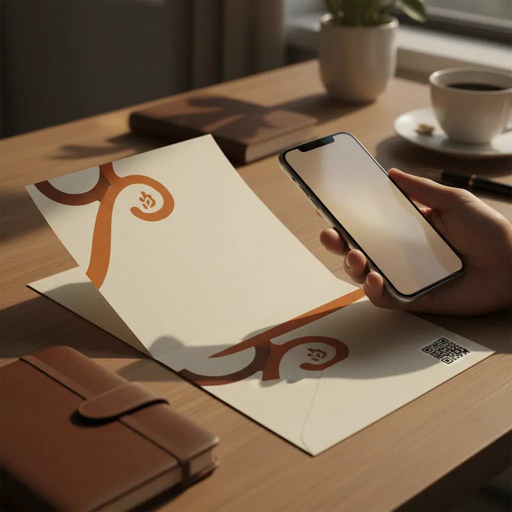 Branded letterhead and an envelope with a QR code on a desk, a hand scanning the code