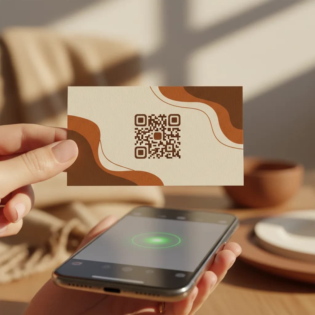 A close-up of an elegant business card with a QR code being scanned by a smartphone