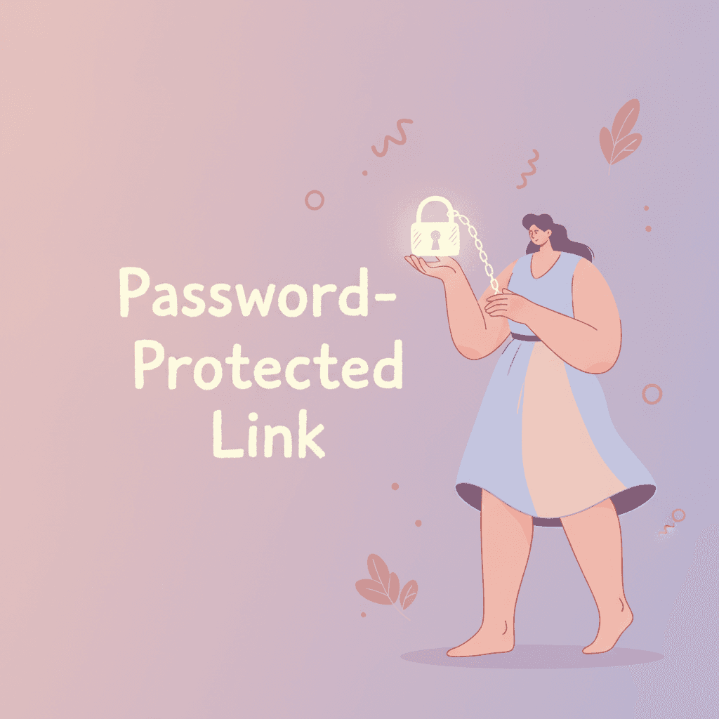Password-protected link illustration: a person holding a padlock attached to a chain link