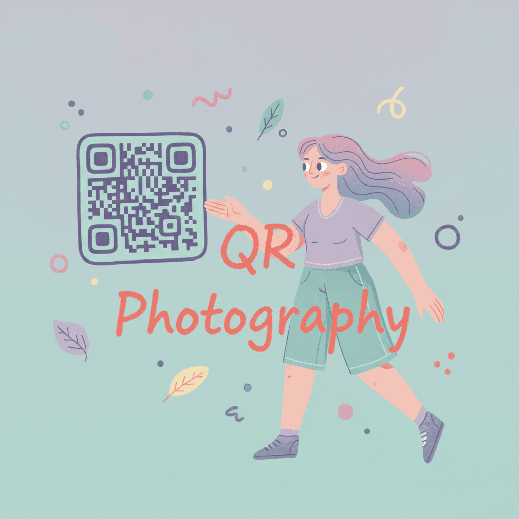 QR photography illustration: a person gestures toward a QR code beside the words QR Photography