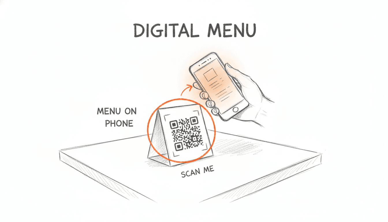 Phone camera scanning a QR code on a restaurant table tent, with a menu page appearing on the screen