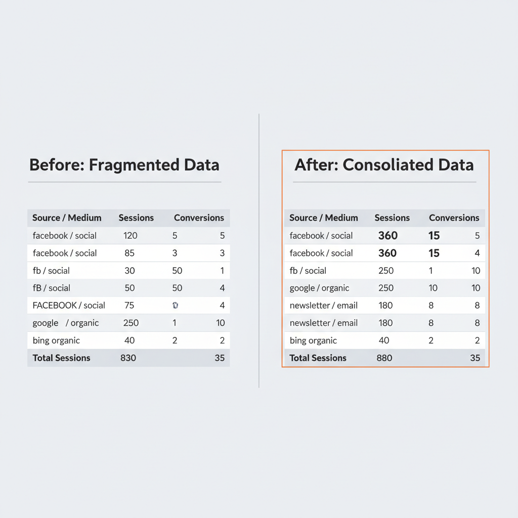 GA4 traffic acquisition report comparison showing fragmented UTM sources like Facebook, facebook, fb as separate rows on the left versus clean consolidated data with single source entries on the right