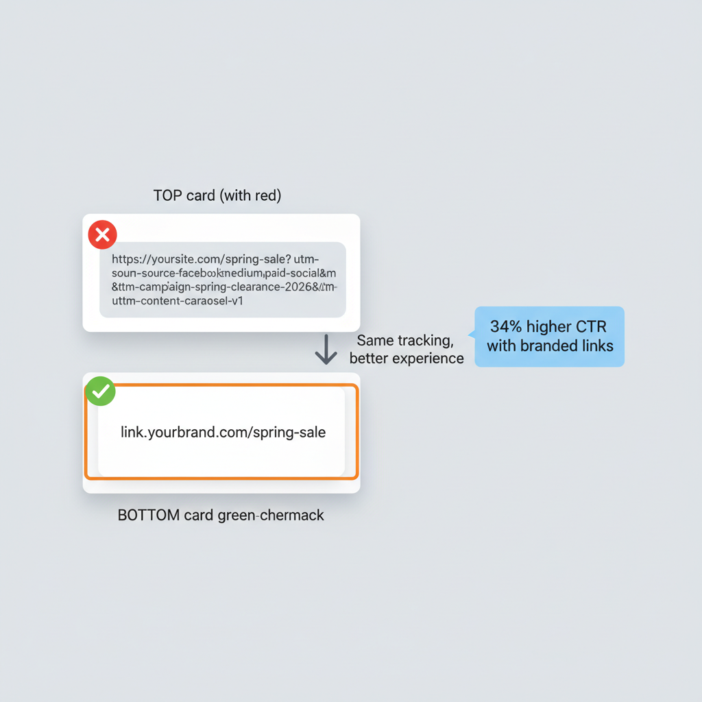 Long UTM URL with visible parameters compared to clean branded short link, showing 34% higher CTR with branded links while preserving all tracking data