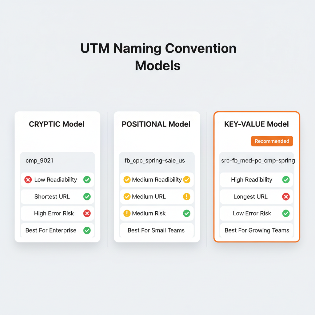 Three UTM naming convention models compared: Cryptic with short codes, Positional with ordered values, and Key-Value with self-documenting format marked as recommended for most teams
