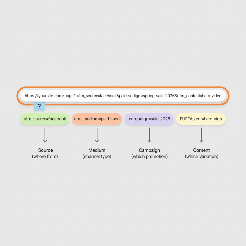 UTM-tagged URL anatomy with five parameters labeled and color-coded: utm_source, utm_medium, utm_campaign, utm_content, and utm_term with descriptions for each