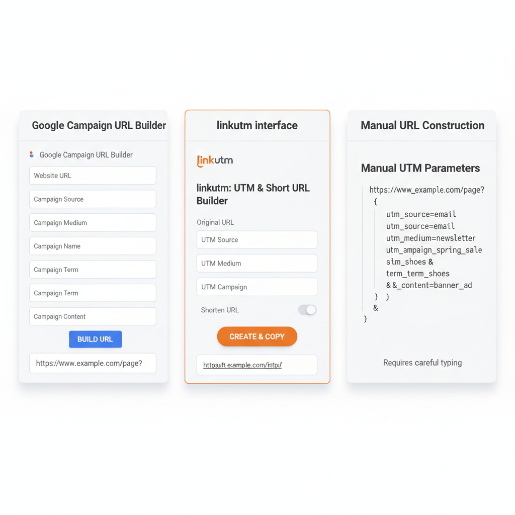 Three UTM creation methods compared: Google URL Builder, linkutm, manual